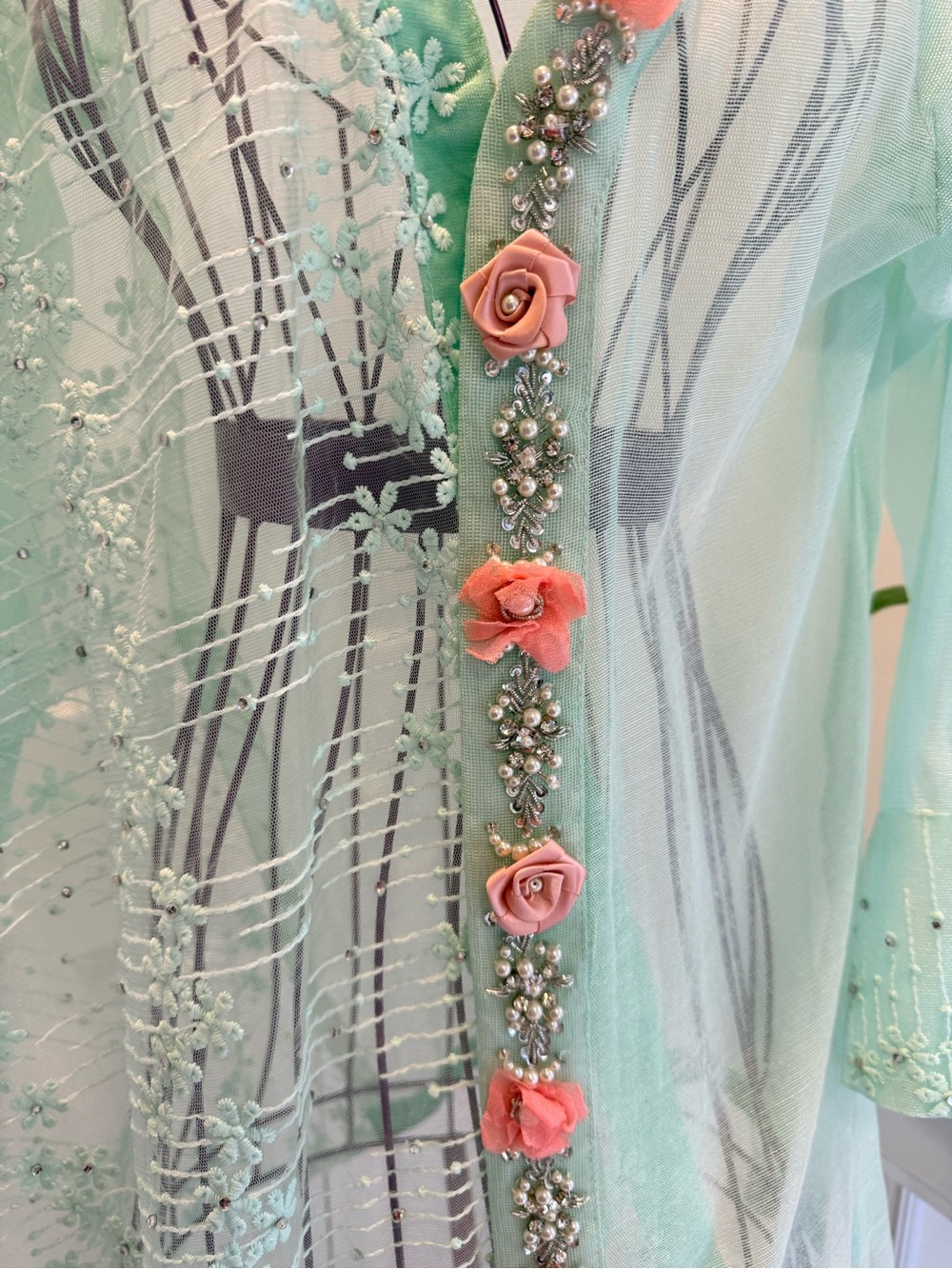 Cottage core Resort Wear VinageBrand Mint Sheer Floral Embellished Kimono Jacket - Picture 2 of 7